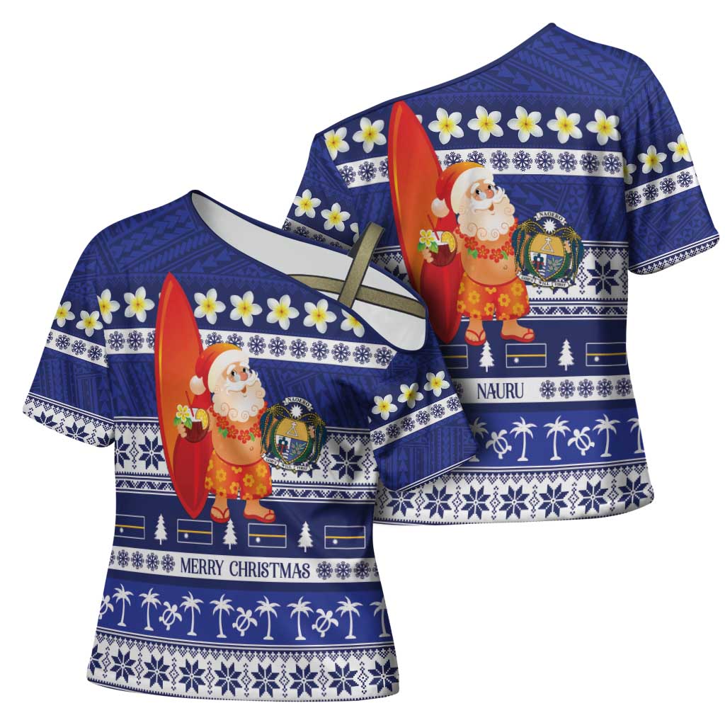 Nauru Christmas Cross Shoulder Shirt Cute Santa Coat Of Arms Merry Xmas - Polynesian Pride