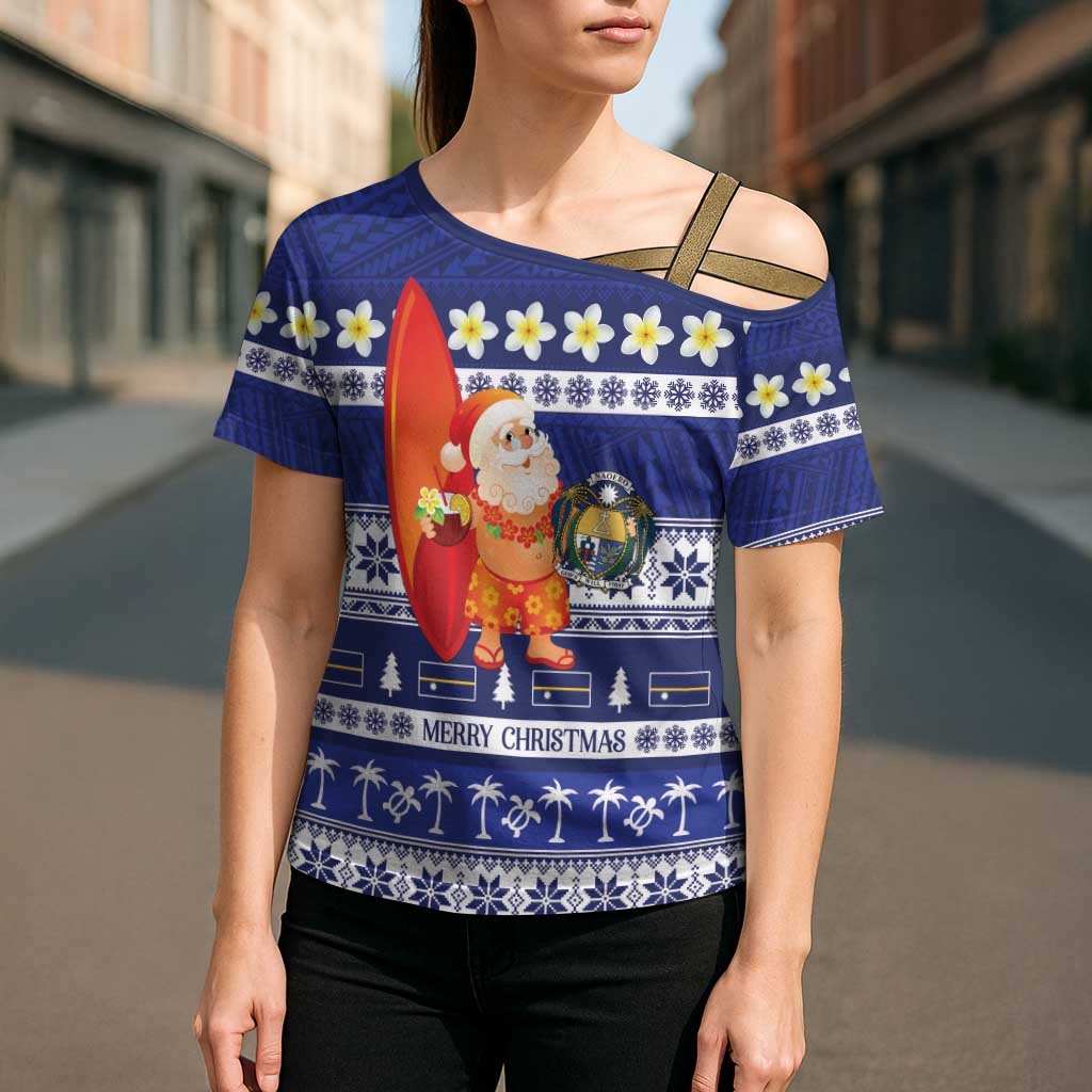Nauru Christmas Cross Shoulder Shirt Cute Santa Coat Of Arms Merry Xmas - Polynesian Pride