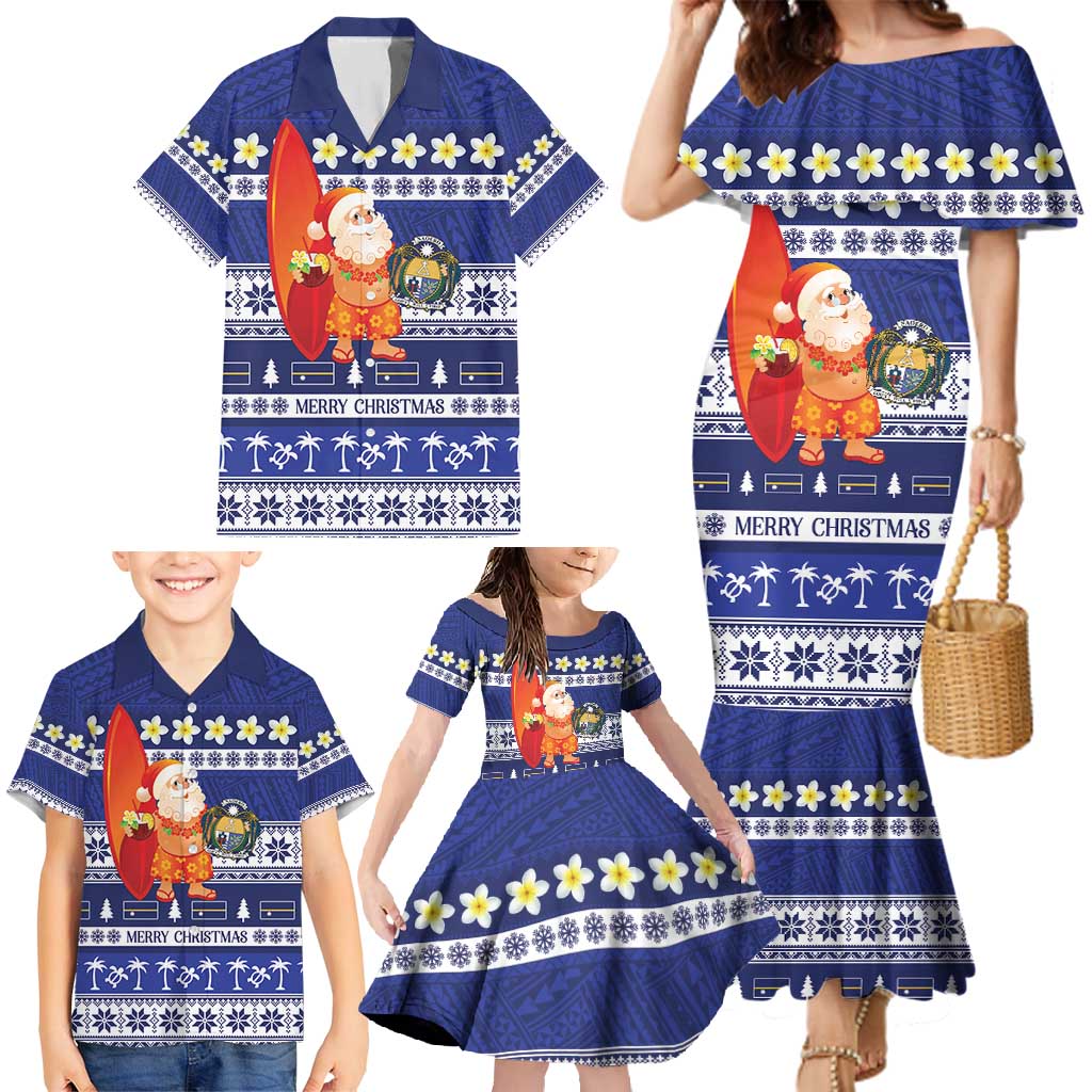 Nauru Christmas Family Matching Mermaid Dress and Hawaiian Shirt Cute Santa Coat Of Arms Merry Xmas - Polynesian Pride