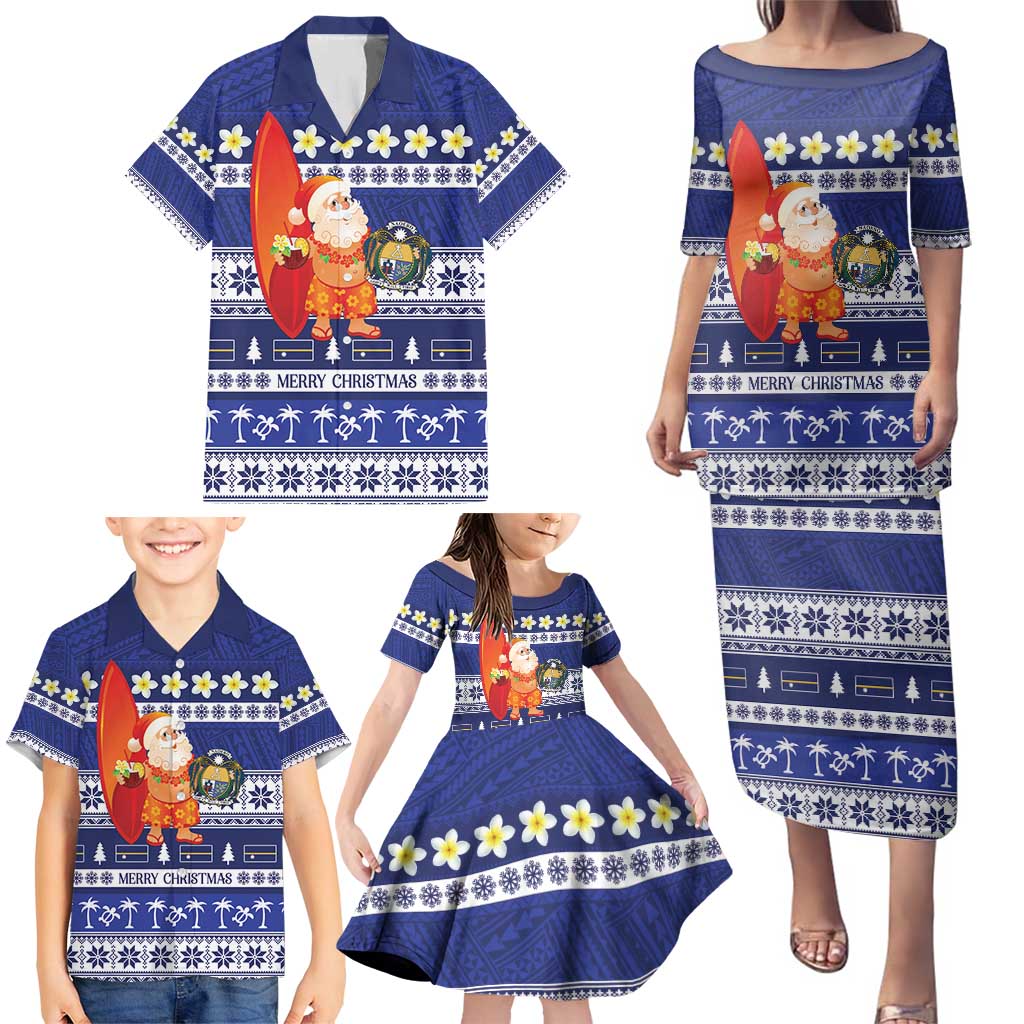 Nauru Christmas Family Matching Puletasi and Hawaiian Shirt Cute Santa Coat Of Arms Merry Xmas - Polynesian Pride
