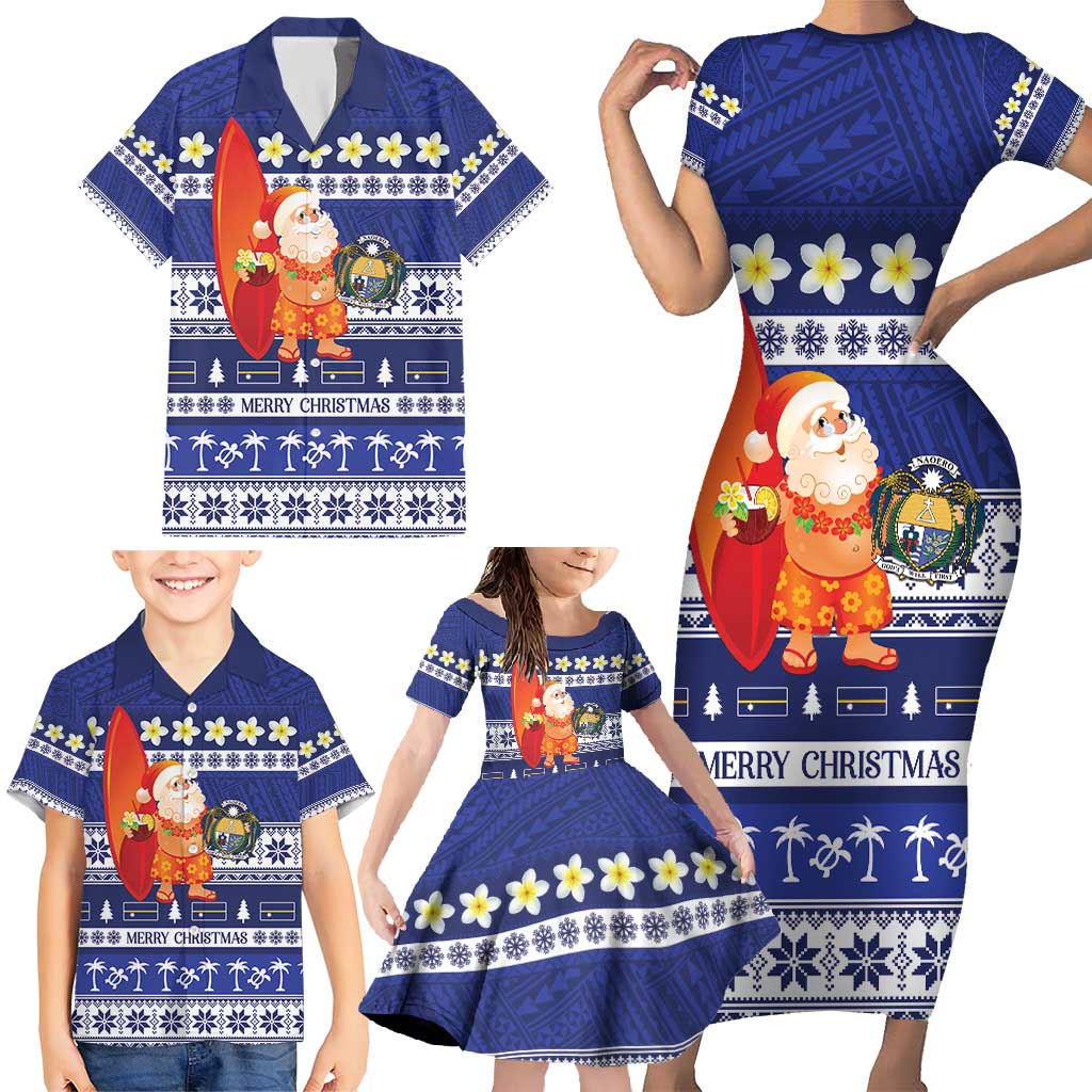 Nauru Christmas Family Matching Short Sleeve Bodycon Dress and Hawaiian Shirt Cute Santa Coat Of Arms Merry Xmas - Polynesian Pride