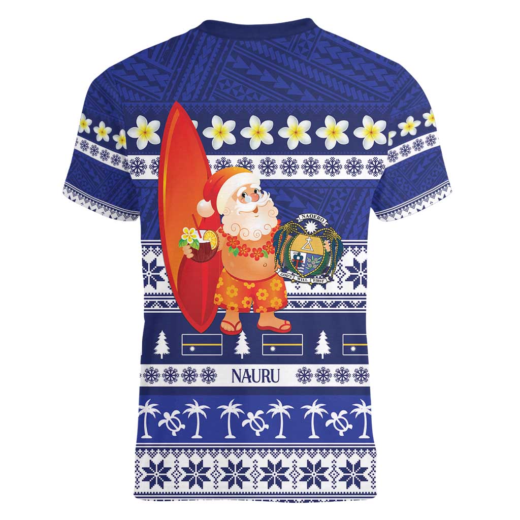 Nauru Christmas Women V-Neck T-Shirt Cute Santa Coat Of Arms Merry Xmas - Polynesian Pride