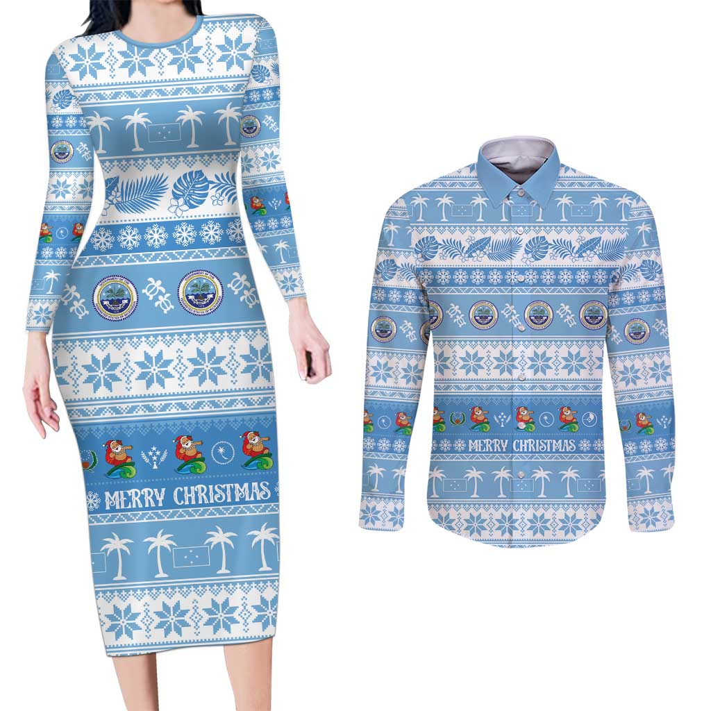 FSM Christmas Couples Matching Long Sleeve Bodycon Dress and Long Sleeve Button Shirt Merry Xmas Federated States of Micronesia - Polynesian Pride