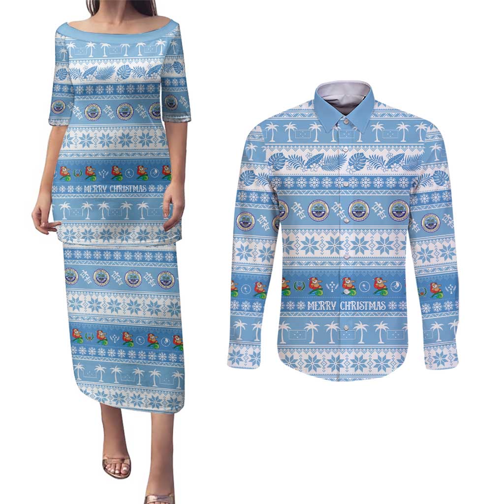 FSM Christmas Couples Matching Puletasi and Long Sleeve Button Shirt Merry Xmas Federated States of Micronesia - Polynesian Pride