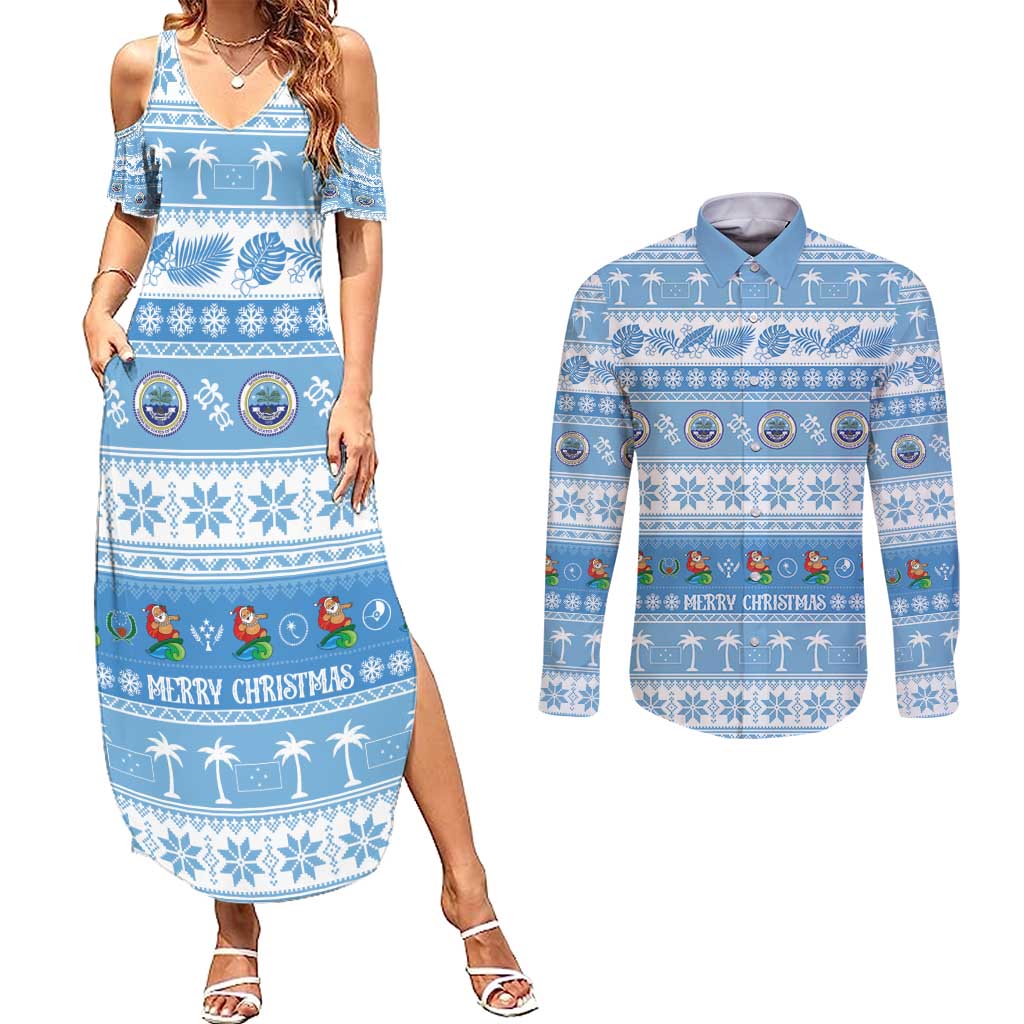 FSM Christmas Couples Matching Summer Maxi Dress and Long Sleeve Button Shirt Merry Xmas Federated States of Micronesia - Polynesian Pride
