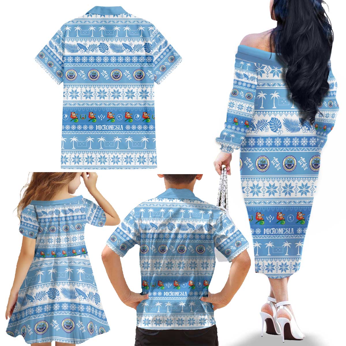 FSM Christmas Family Matching Off The Shoulder Long Sleeve Dress and Hawaiian Shirt Merry Xmas Federated States of Micronesia - Polynesian Pride