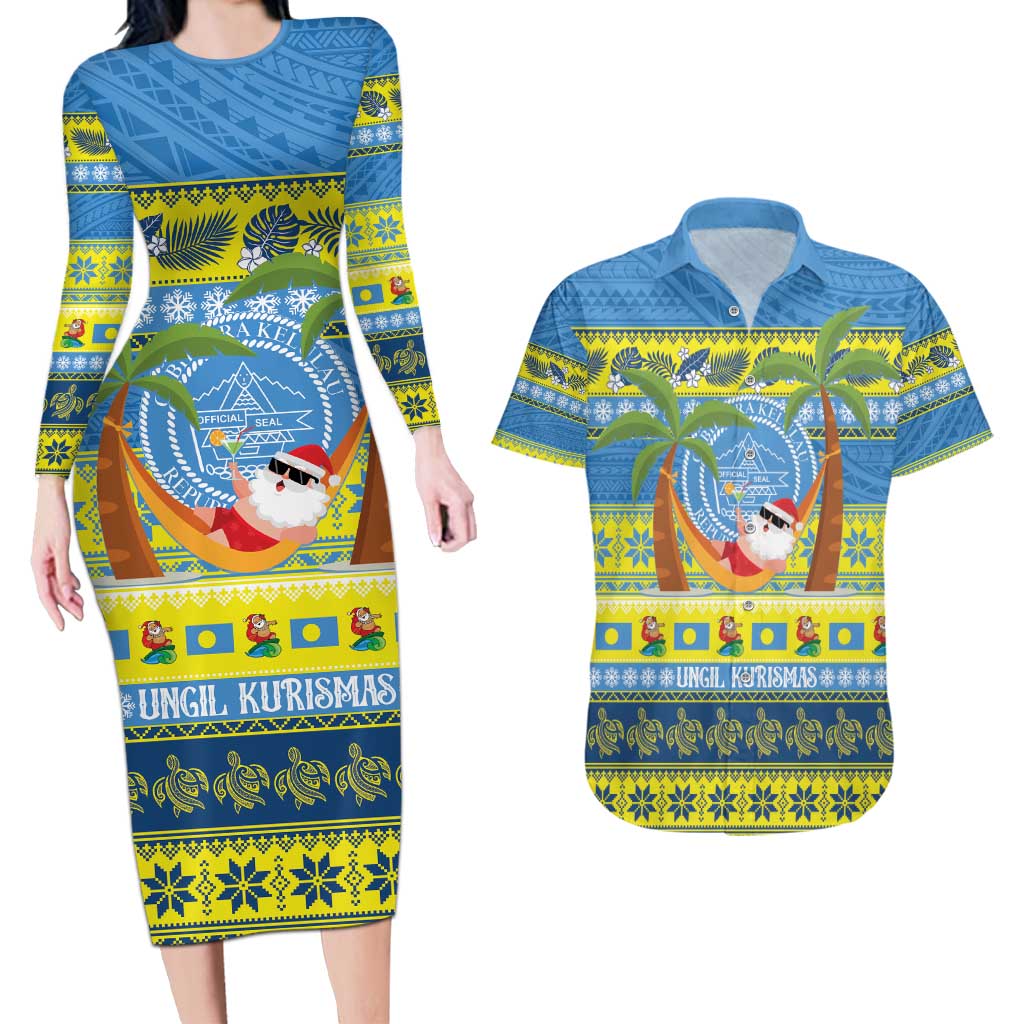 Palau Christmas Couples Matching Long Sleeve Bodycon Dress and Hawaiian Shirt Chilling Santa Ungil Kurismas - Polynesian Pride