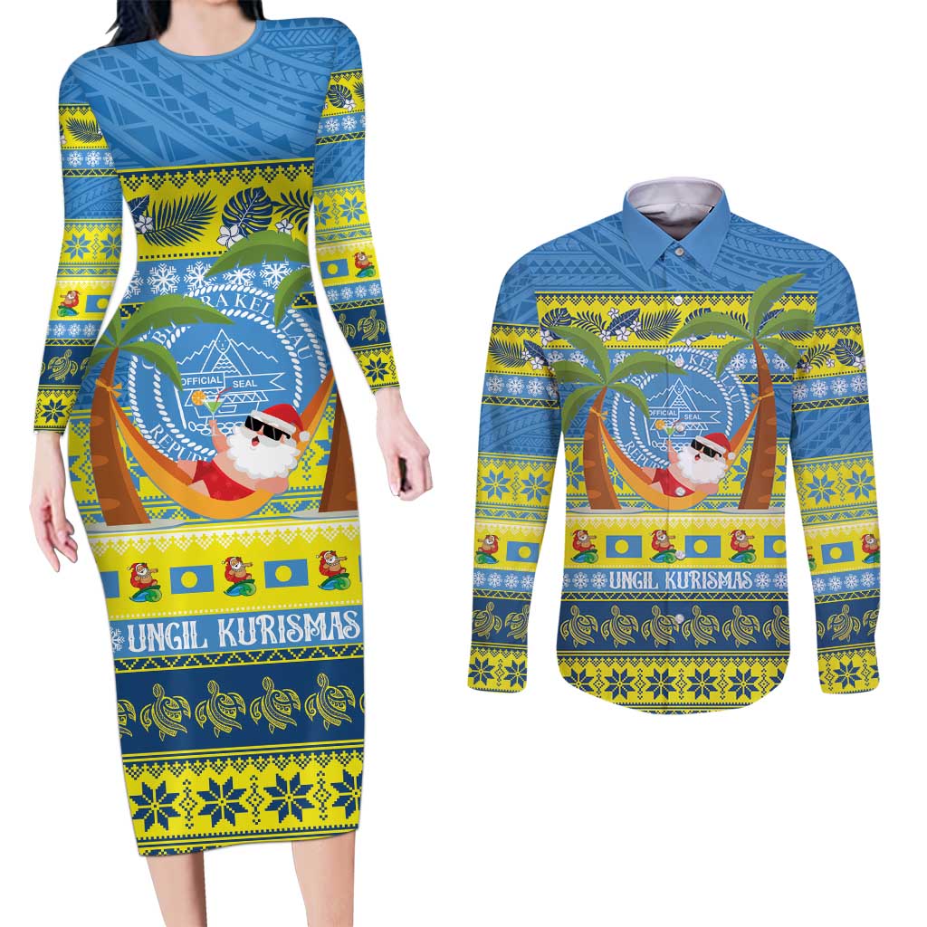 Palau Christmas Couples Matching Long Sleeve Bodycon Dress and Long Sleeve Button Shirt Chilling Santa Ungil Kurismas - Polynesian Pride