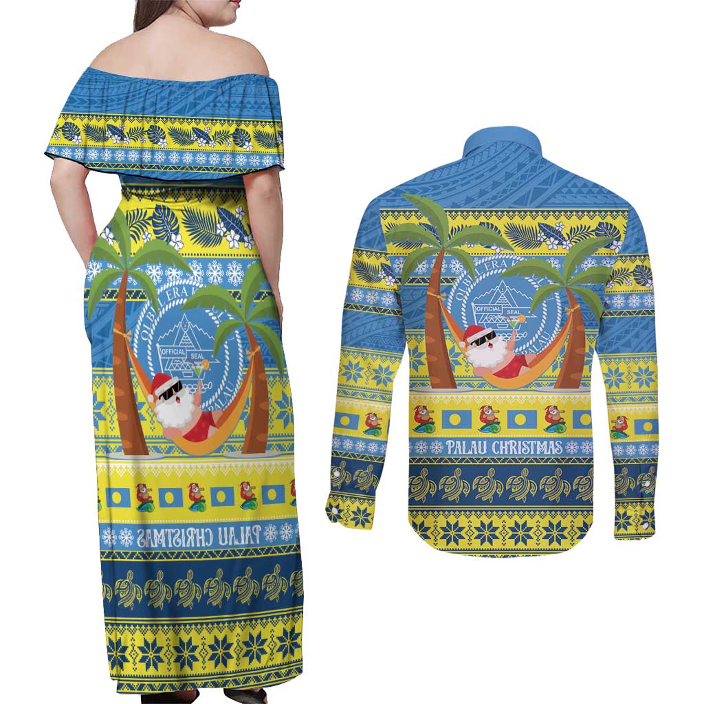 Palau Christmas Couples Matching Off Shoulder Maxi Dress and Long Sleeve Button Shirt Chilling Santa Ungil Kurismas - Polynesian Pride