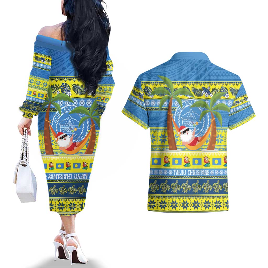 Palau Christmas Couples Matching Off The Shoulder Long Sleeve Dress and Hawaiian Shirt Chilling Santa Ungil Kurismas - Polynesian Pride