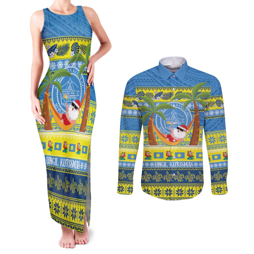 Palau Christmas Couples Matching Tank Maxi Dress and Long Sleeve Button Shirt Chilling Santa Ungil Kurismas - Polynesian Pride