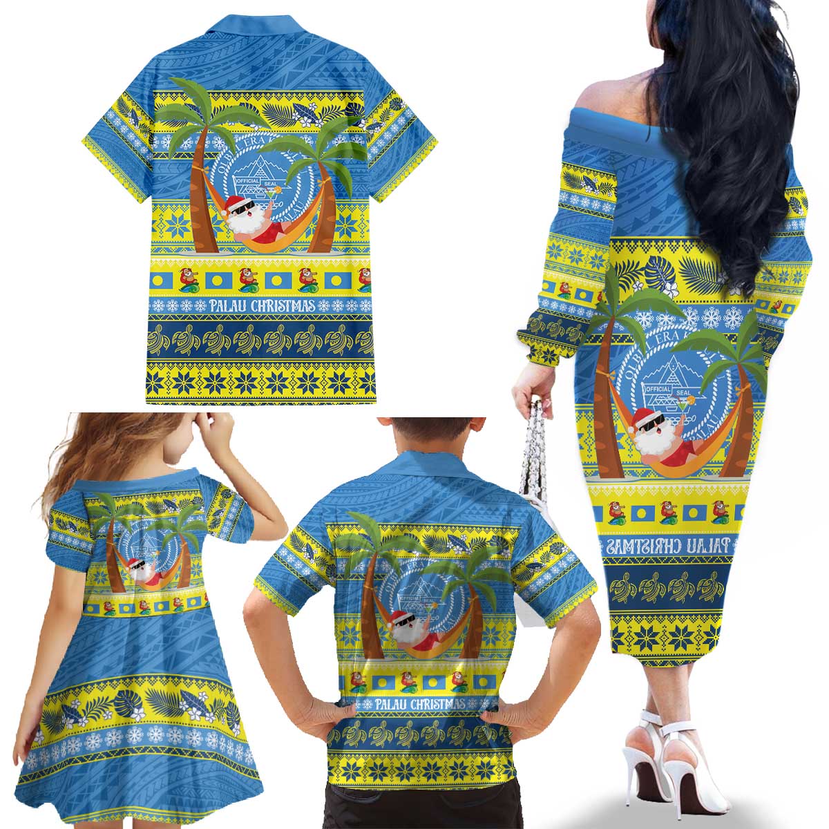 Palau Christmas Family Matching Off The Shoulder Long Sleeve Dress and Hawaiian Shirt Chilling Santa Ungil Kurismas - Polynesian Pride
