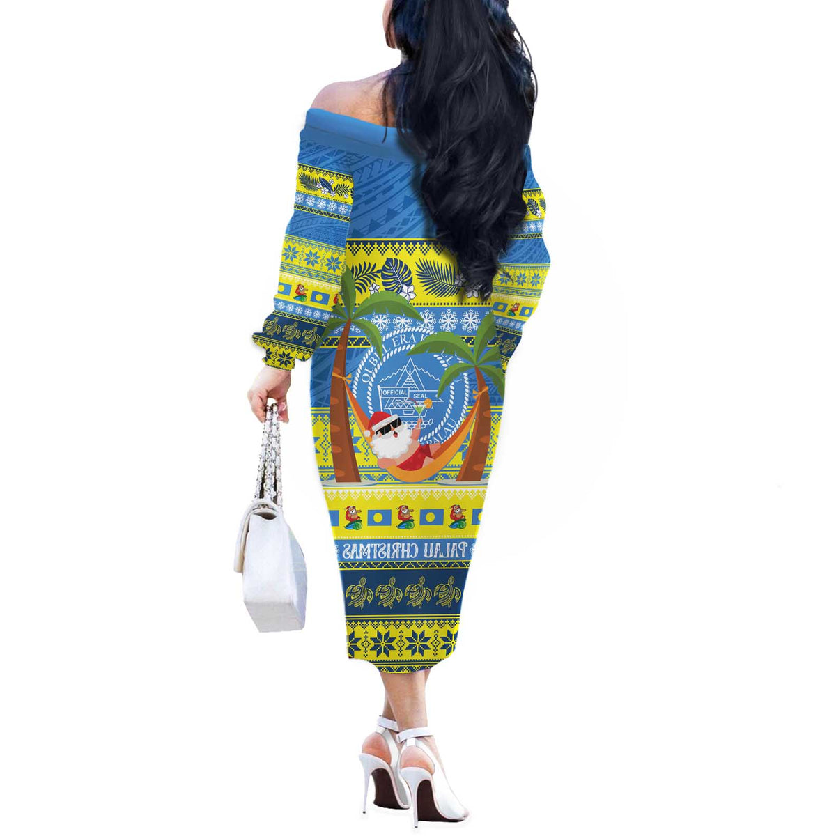Palau Christmas Off The Shoulder Long Sleeve Dress Chilling Santa Ungil Kurismas LT14 - Polynesian Pride