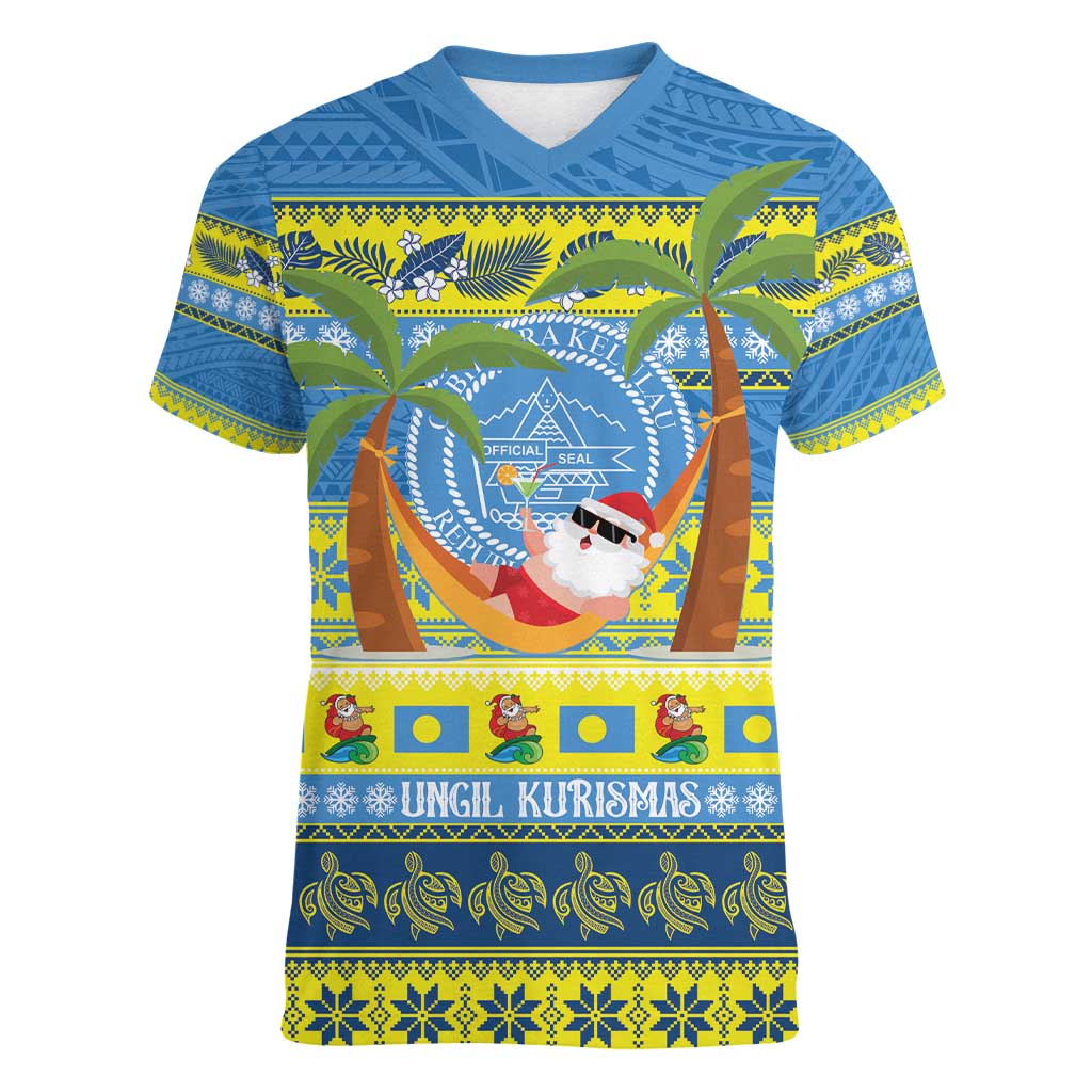 Palau Christmas Women V-Neck T-Shirt Chilling Santa Ungil Kurismas - Polynesian Pride