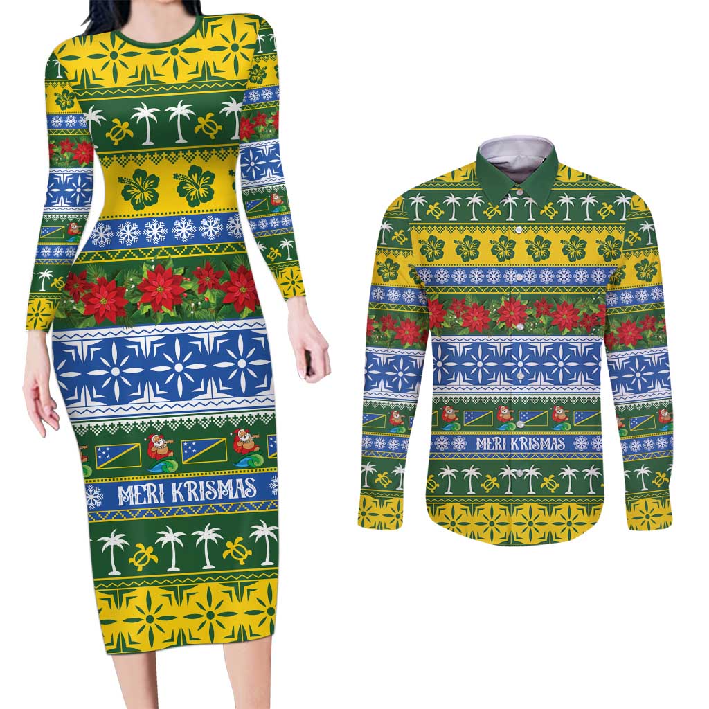 Solomon Islands Christmas Couples Matching Long Sleeve Bodycon Dress and Long Sleeve Button Shirt The Solomons Melanesian Meri Krismas - Polynesian Pride