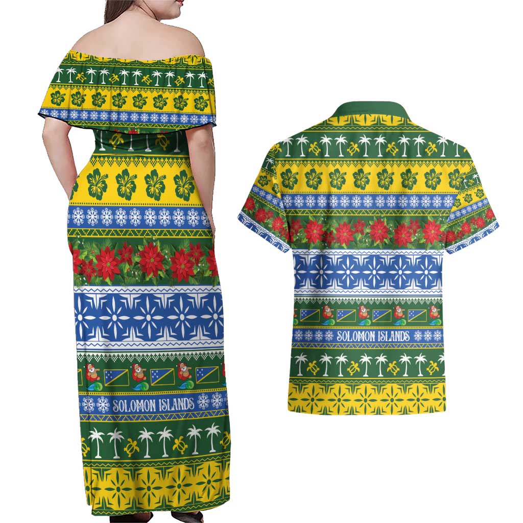 Solomon Islands Christmas Couples Matching Off Shoulder Maxi Dress and Hawaiian Shirt The Solomons Melanesian Meri Krismas - Polynesian Pride
