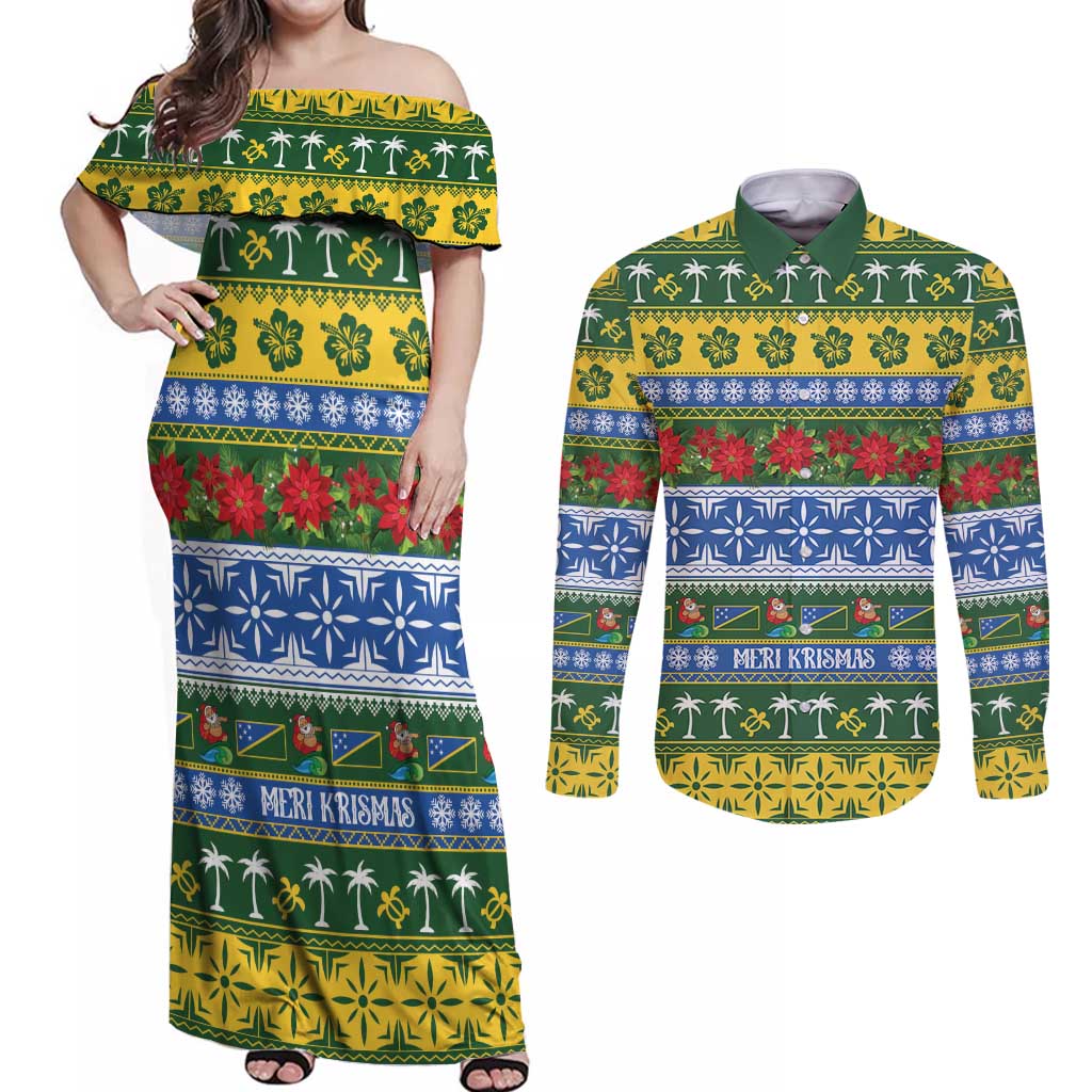 Solomon Islands Christmas Couples Matching Off Shoulder Maxi Dress and Long Sleeve Button Shirt The Solomons Melanesian Meri Krismas - Polynesian Pride