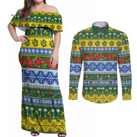 Solomon Islands Christmas Couples Matching Off Shoulder Maxi Dress and Long Sleeve Button Shirt The Solomons Melanesian Meri Krismas - Polynesian Pride