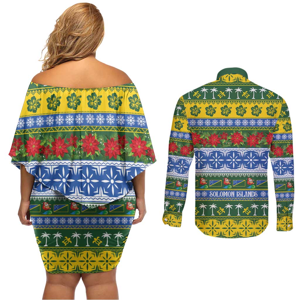 Solomon Islands Christmas Couples Matching Off Shoulder Short Dress and Long Sleeve Button Shirt The Solomons Melanesian Meri Krismas - Polynesian Pride