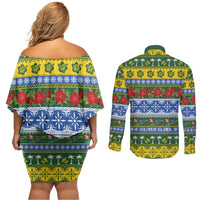 Solomon Islands Christmas Couples Matching Off Shoulder Short Dress and Long Sleeve Button Shirt The Solomons Melanesian Meri Krismas - Polynesian Pride