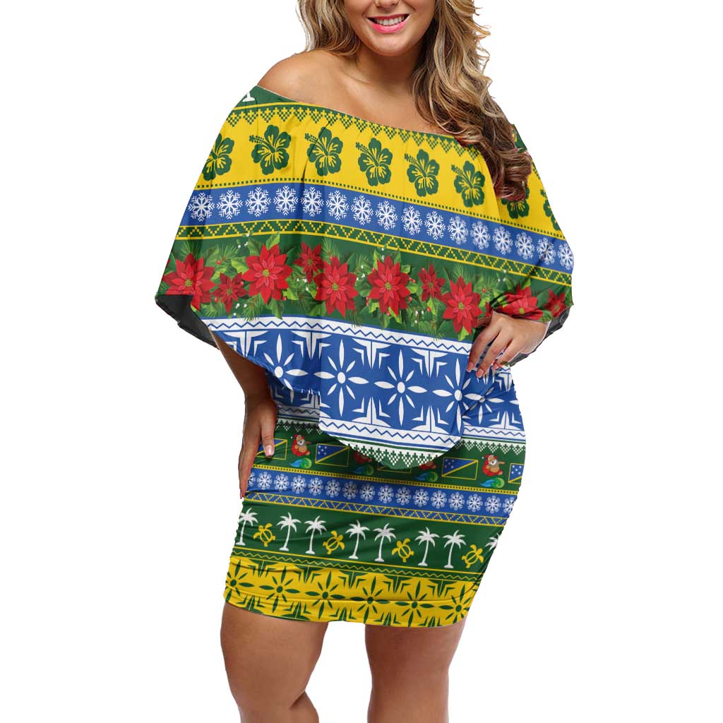 Solomon Islands Christmas Off Shoulder Short Dress The Solomons Melanesian Meri Krismas LT14 Women Green - Polynesian Pride