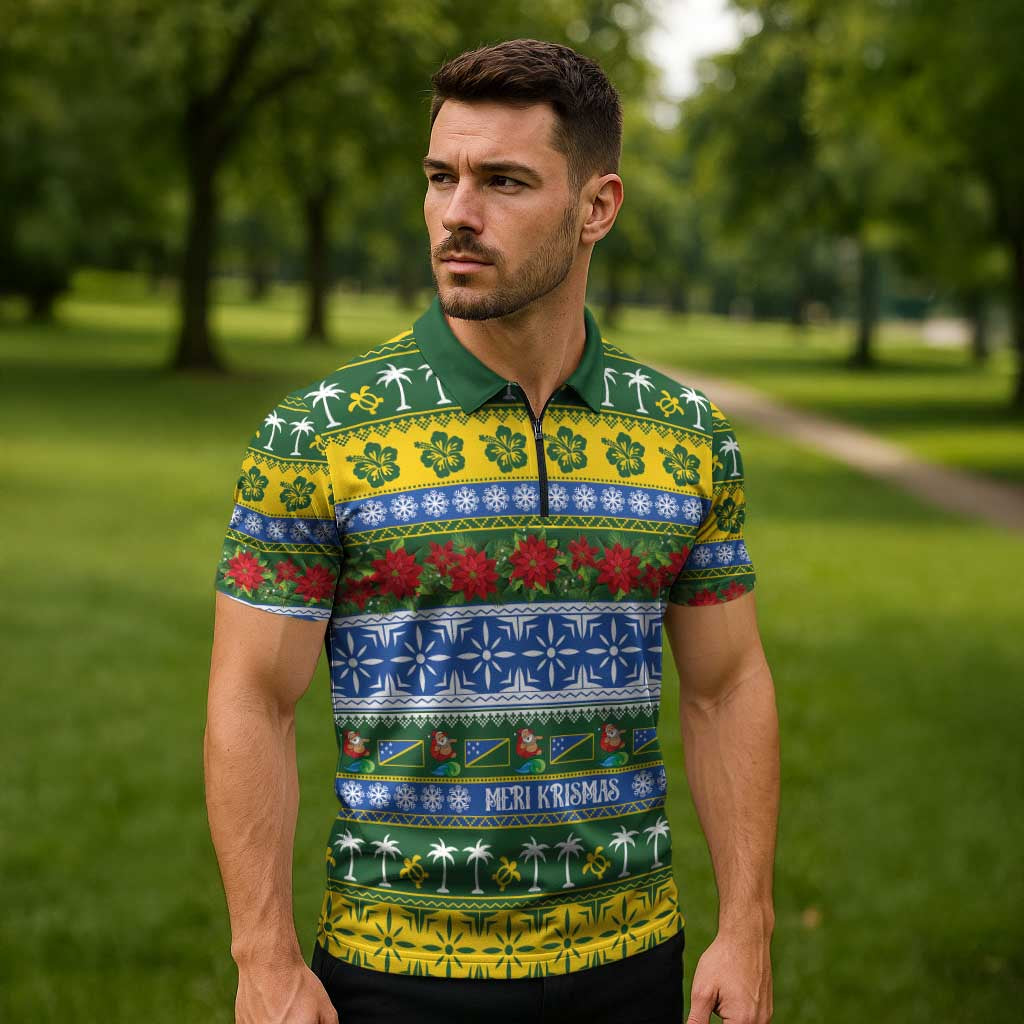 Solomon Islands Christmas Zipper Polo Shirt The Solomons Melanesian Meri Krismas - Polynesian Pride
