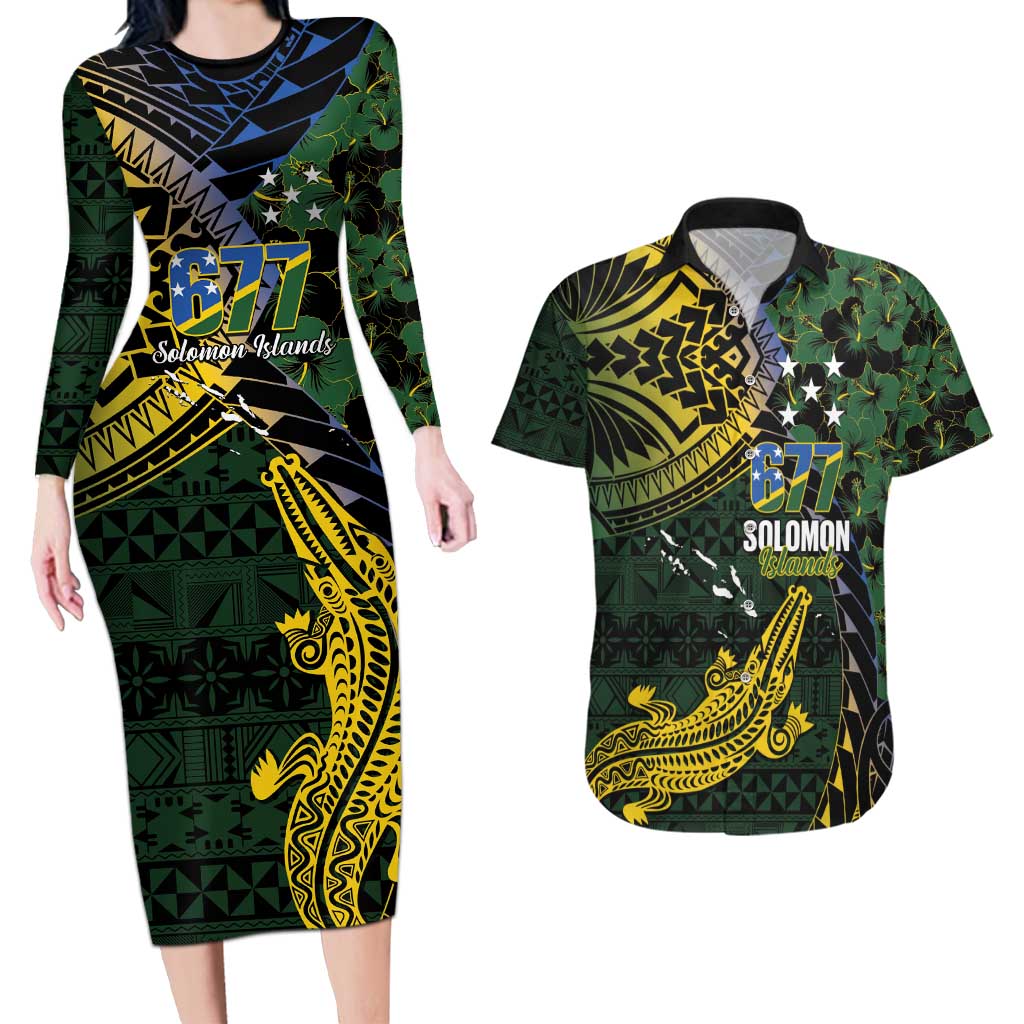 Solomon Islands Couples Matching Long Sleeve Bodycon Dress and Hawaiian Shirt 677 Proud Crocodile Melanesian Pattern - Polynesian Pride