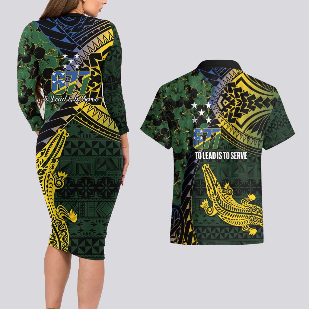 Solomon Islands Couples Matching Long Sleeve Bodycon Dress and Hawaiian Shirt 677 Proud Crocodile Melanesian Pattern - Polynesian Pride