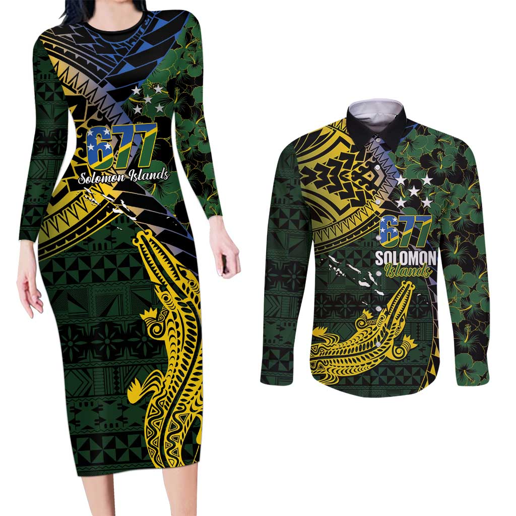 Solomon Islands Couples Matching Long Sleeve Bodycon Dress and Long Sleeve Button Shirt 677 Proud Crocodile Melanesian Pattern LT14 Black - Polynesian Pride