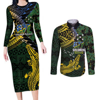 Solomon Islands Couples Matching Long Sleeve Bodycon Dress and Long Sleeve Button Shirt 677 Proud Crocodile Melanesian Pattern LT14 Black - Polynesian Pride