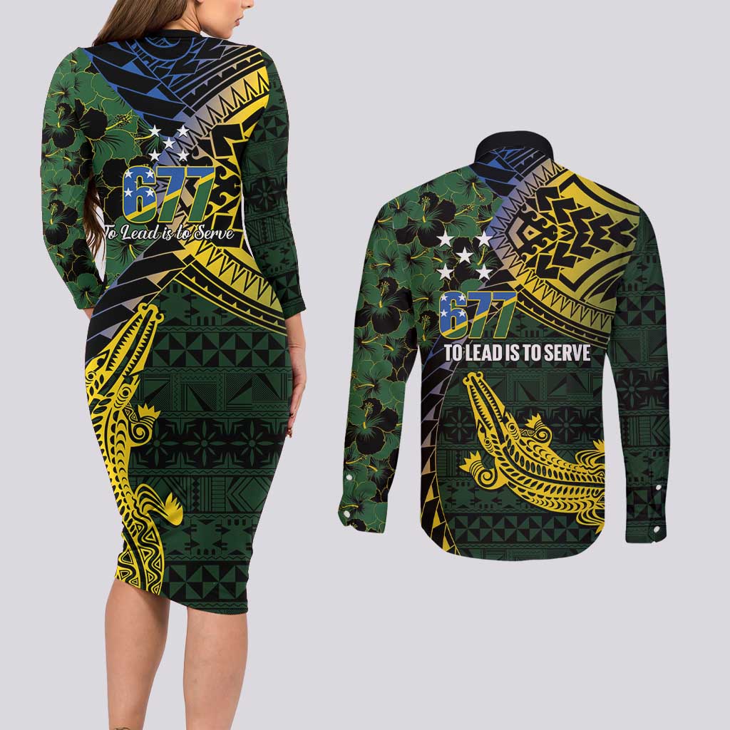 Solomon Islands Couples Matching Long Sleeve Bodycon Dress and Long Sleeve Button Shirt 677 Proud Crocodile Melanesian Pattern LT14 - Polynesian Pride