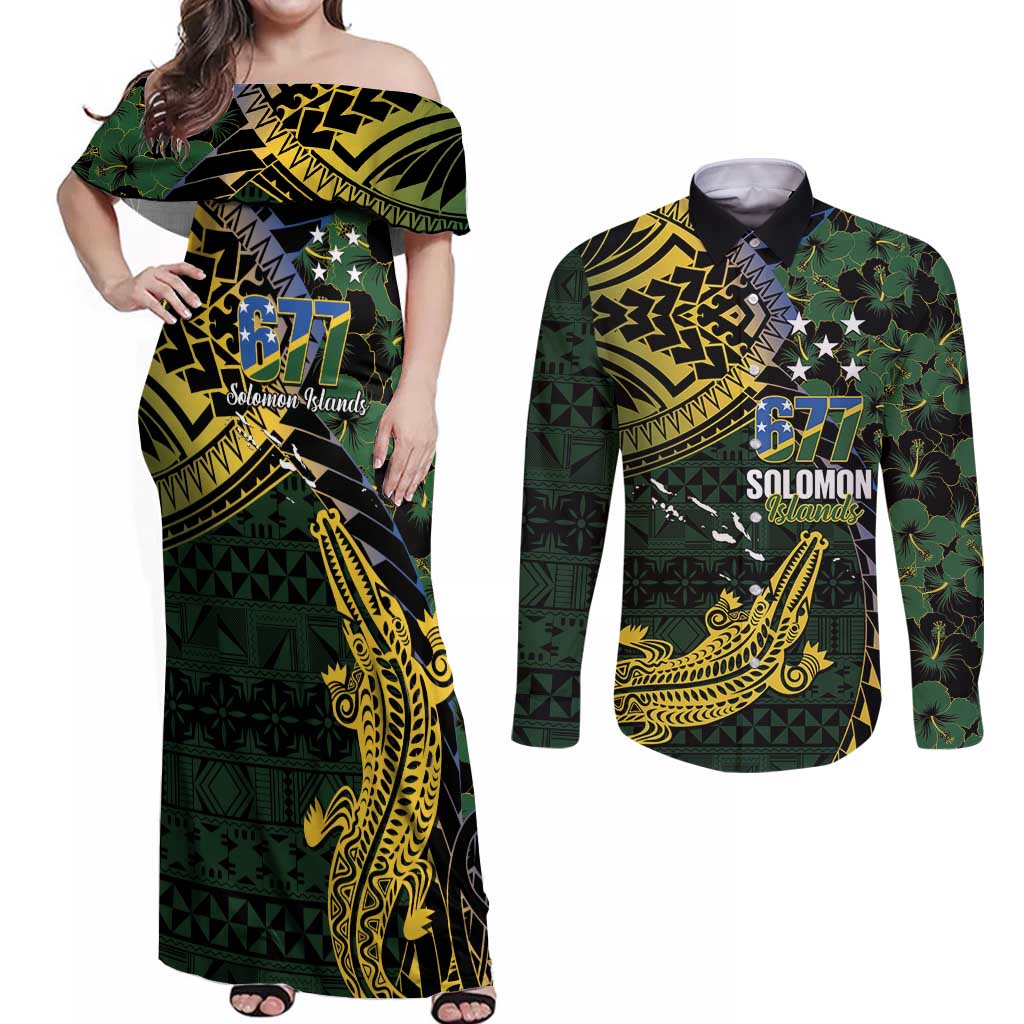 Solomon Islands Couples Matching Off Shoulder Maxi Dress and Long Sleeve Button Shirt 677 Proud Crocodile Melanesian Pattern - Polynesian Pride