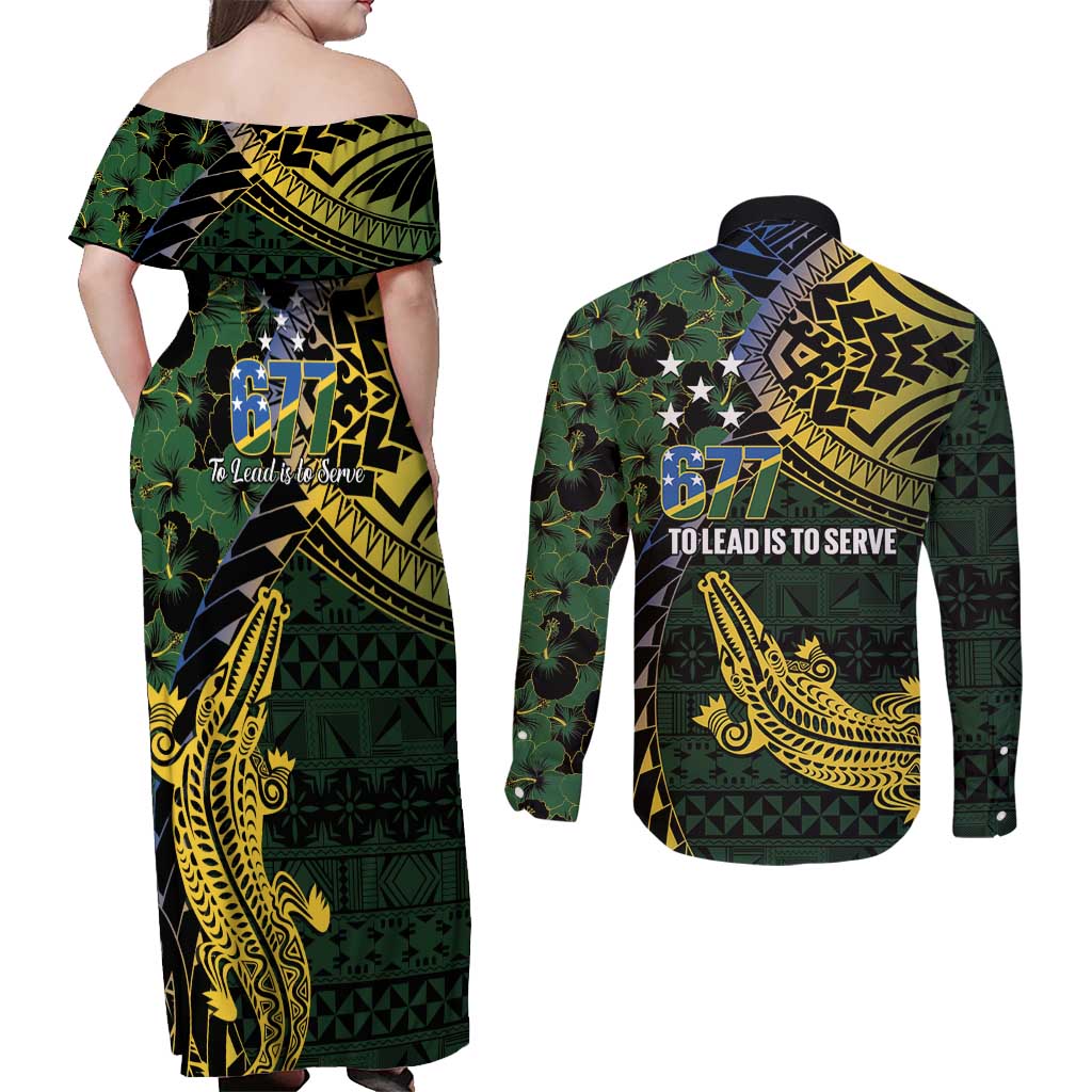Solomon Islands Couples Matching Off Shoulder Maxi Dress and Long Sleeve Button Shirt 677 Proud Crocodile Melanesian Pattern - Polynesian Pride