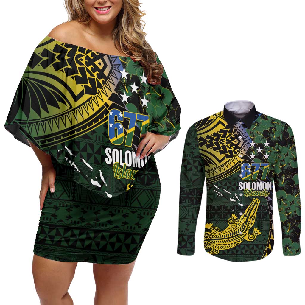 Solomon Islands Couples Matching Off Shoulder Short Dress and Long Sleeve Button Shirt 677 Proud Crocodile Melanesian Pattern - Polynesian Pride