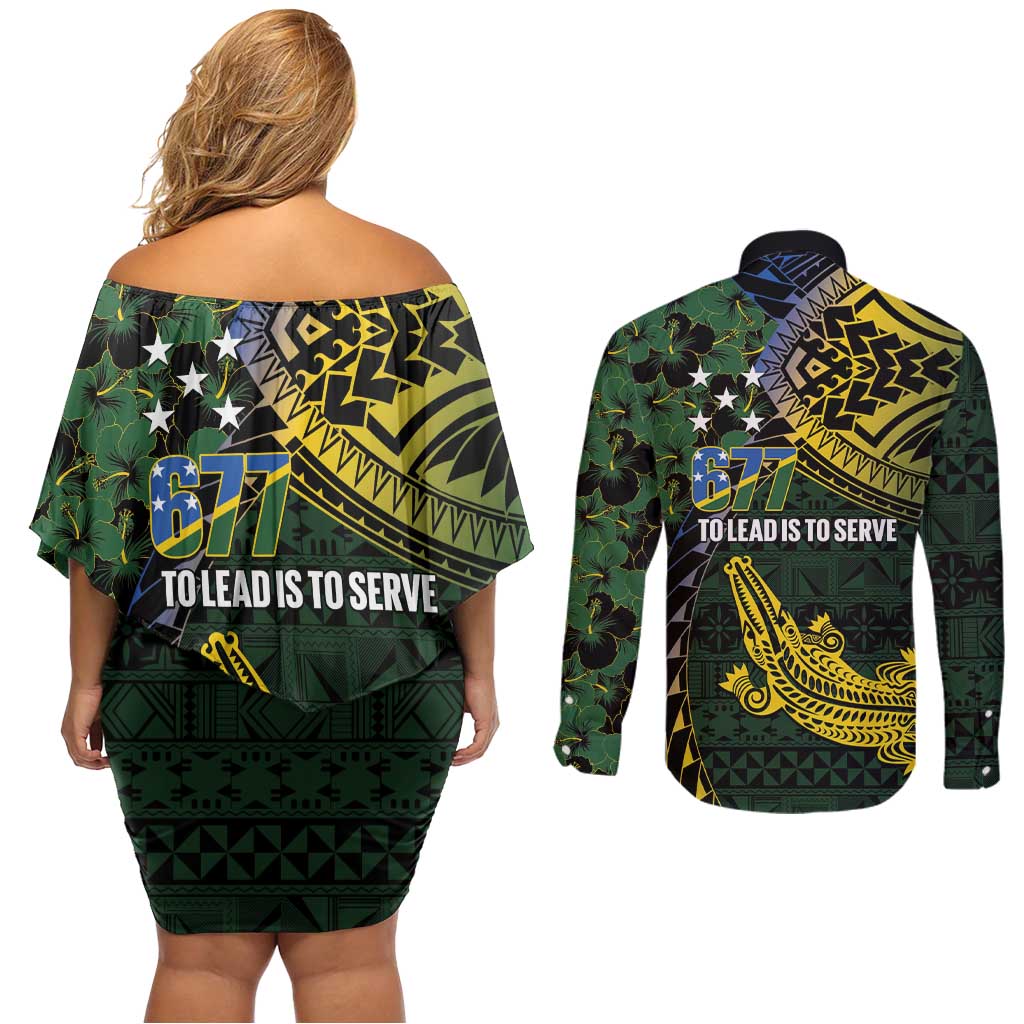 Solomon Islands Couples Matching Off Shoulder Short Dress and Long Sleeve Button Shirt 677 Proud Crocodile Melanesian Pattern - Polynesian Pride