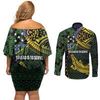 Solomon Islands Couples Matching Off Shoulder Short Dress and Long Sleeve Button Shirt 677 Proud Crocodile Melanesian Pattern - Polynesian Pride