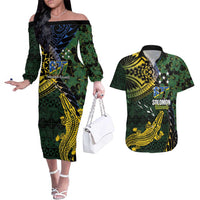 Solomon Islands Couples Matching Off The Shoulder Long Sleeve Dress and Hawaiian Shirt 677 Proud Crocodile Melanesian Pattern - Polynesian Pride
