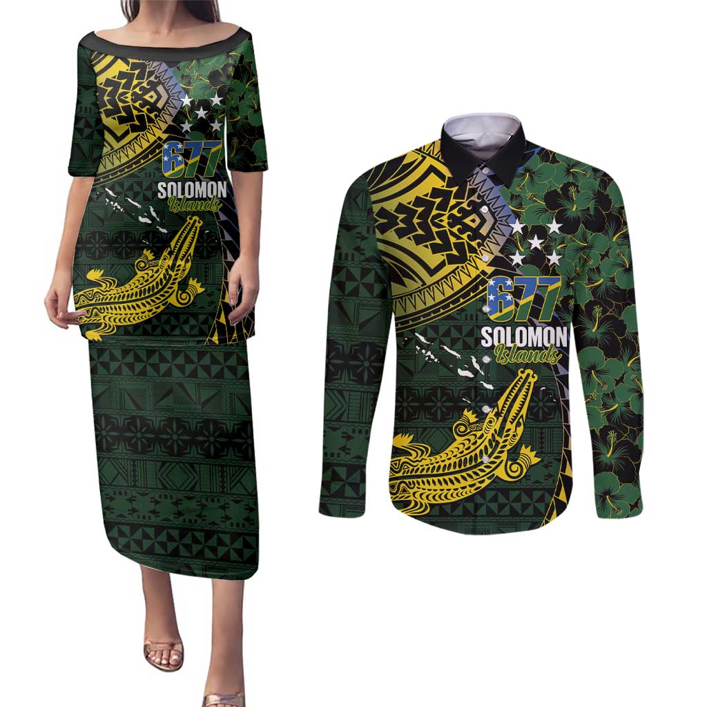 Solomon Islands Couples Matching Puletasi and Long Sleeve Button Shirt 677 Proud Crocodile Melanesian Pattern - Polynesian Pride