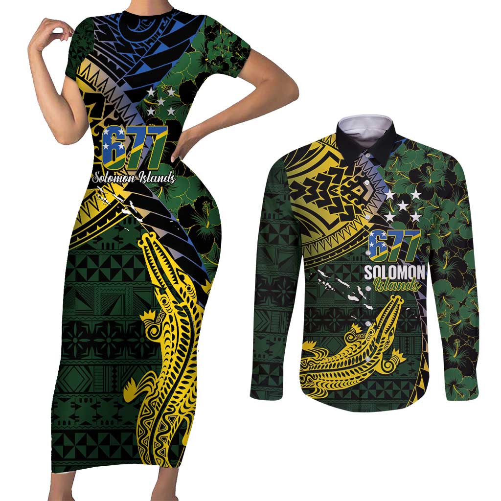 Solomon Islands Couples Matching Short Sleeve Bodycon Dress and Long Sleeve Button Shirt 677 Proud Crocodile Melanesian Pattern LT14 Black - Polynesian Pride