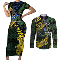 Solomon Islands Couples Matching Short Sleeve Bodycon Dress and Long Sleeve Button Shirt 677 Proud Crocodile Melanesian Pattern LT14 Black - Polynesian Pride