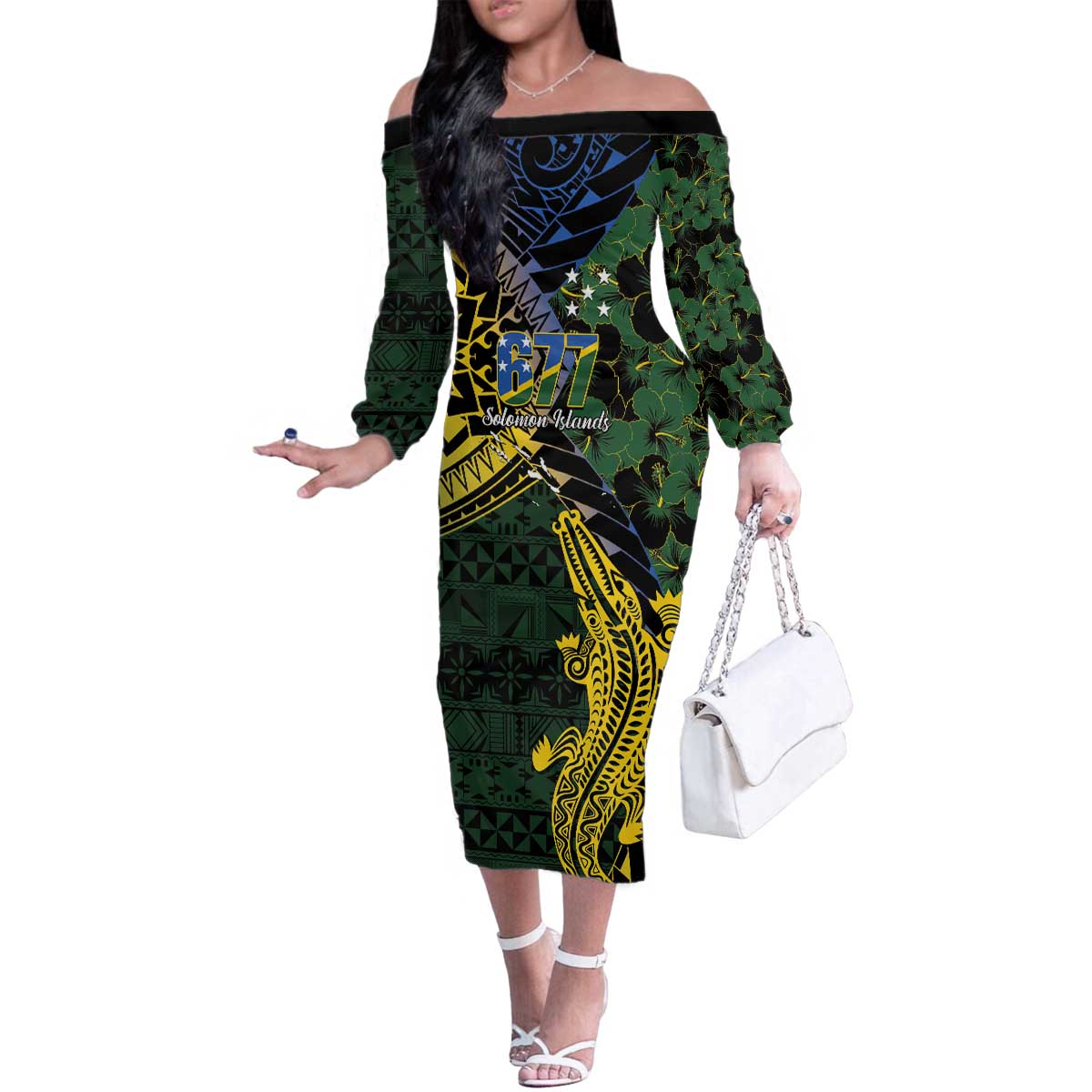 Solomon Islands Family Matching Off The Shoulder Long Sleeve Dress and Hawaiian Shirt 677 Proud Crocodile Melanesian Pattern - Polynesian Pride