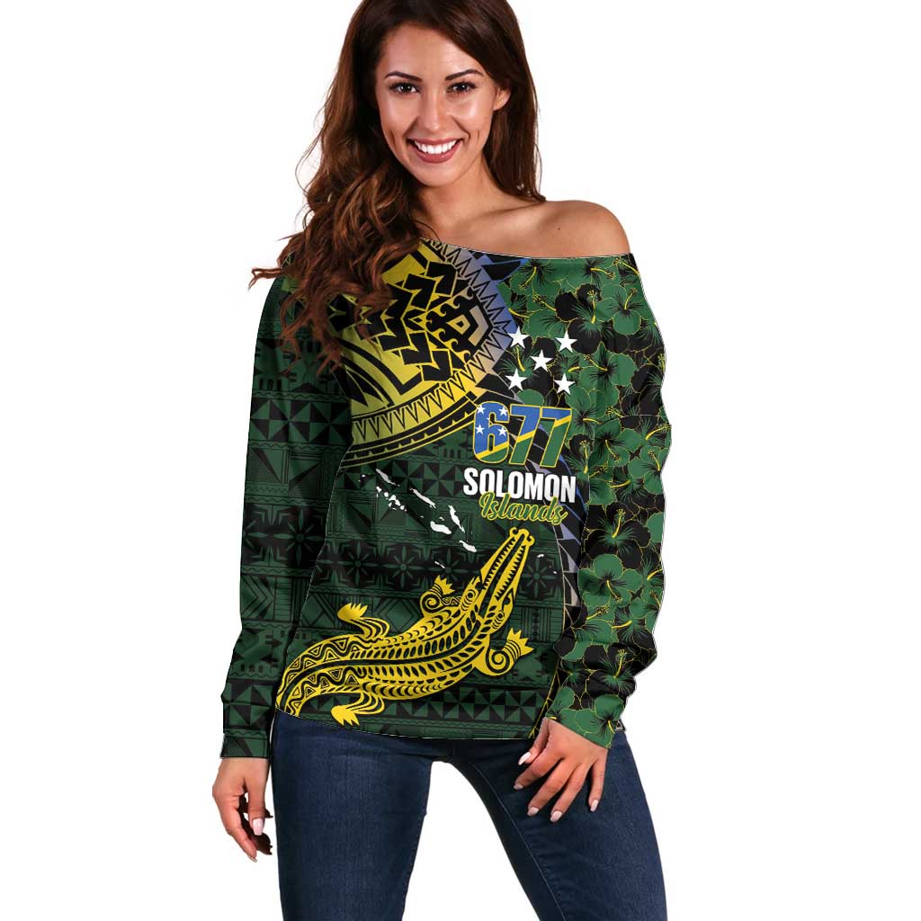 Solomon Islands Off Shoulder Sweater 677 Proud Crocodile Melanesian Pattern - Polynesian Pride