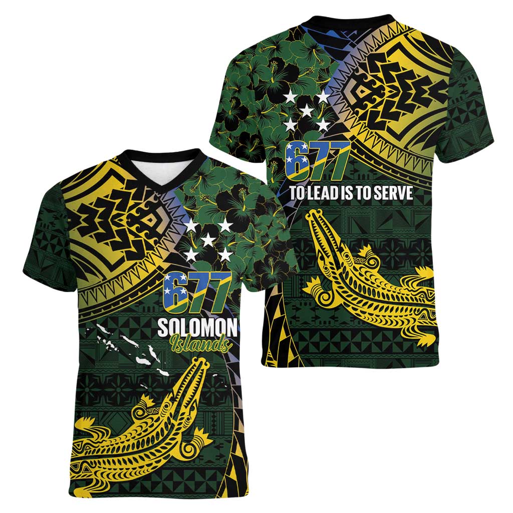 Solomon Islands Women V-Neck T-Shirt 677 Proud Crocodile Melanesian Pattern - Polynesian Pride