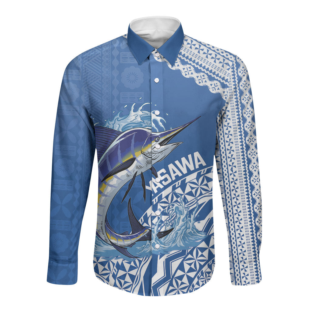 Yasawa Fiji 2026 Rugby Custom Long Sleeve Button Shirt Marlin Fijian Tapa Pattern LT14 Unisex Blue - Polynesian Pride