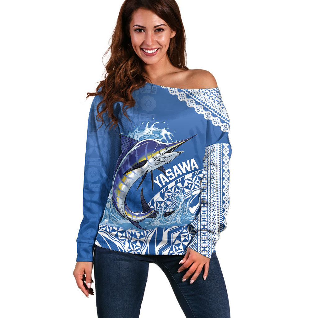 Yasawa Fiji 2026 Rugby Custom Off Shoulder Sweater Marlin Fijian Tapa Pattern LT14 Women Blue - Polynesian Pride