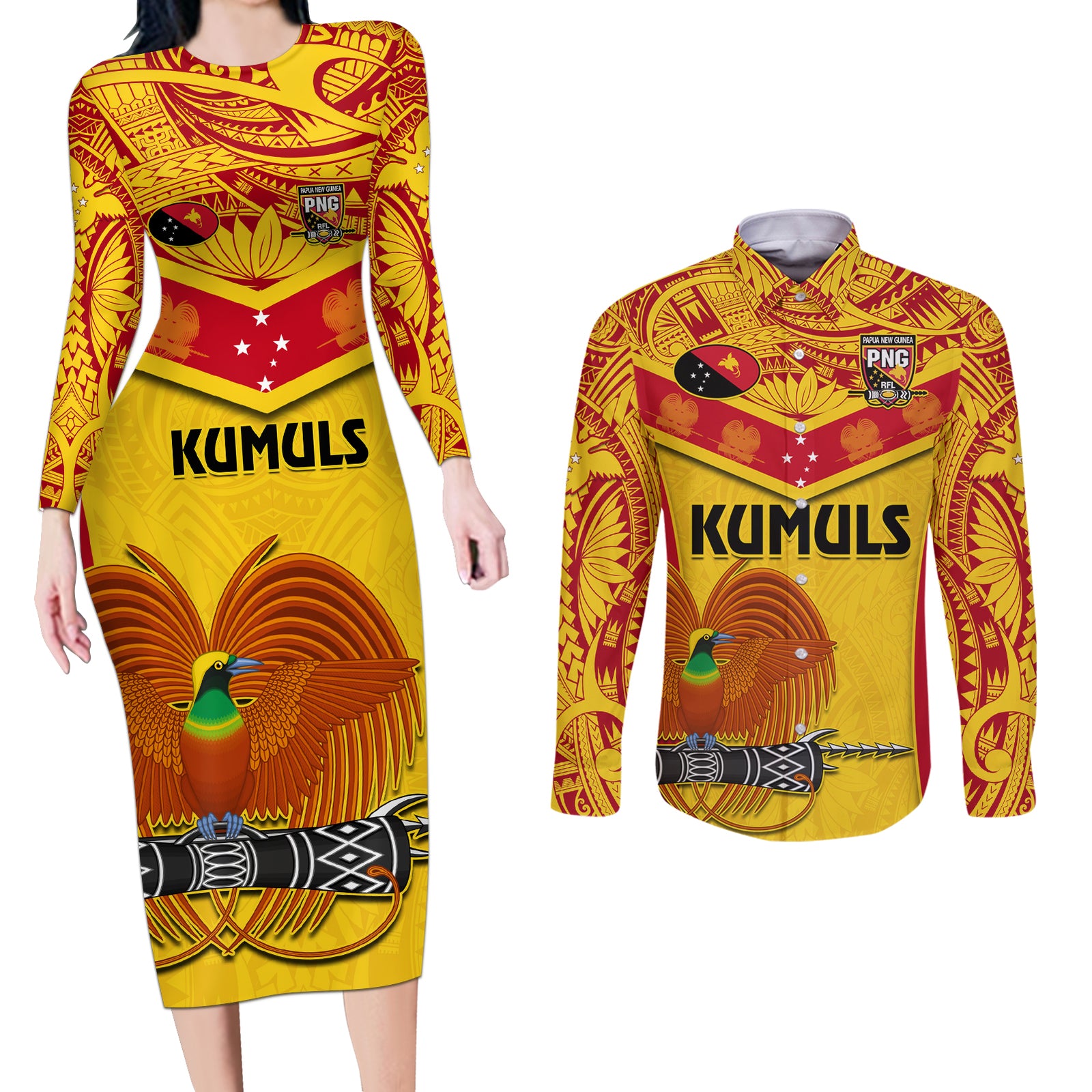 Custom Papua New Guinea Rugby Couples Matching Long Sleeve Bodycon Dress and Long Sleeve Button Shirt 2023 Go Kumuls Pacific Dynamic Style LT14 Yellow - Polynesian Pride