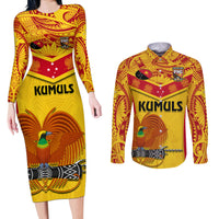 Custom Papua New Guinea Rugby Couples Matching Long Sleeve Bodycon Dress and Long Sleeve Button Shirt 2023 Go Kumuls Pacific Dynamic Style LT14 Yellow - Polynesian Pride
