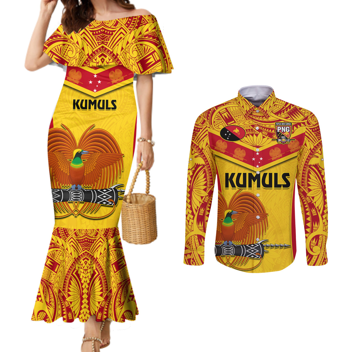 Custom Papua New Guinea Rugby Couples Matching Mermaid Dress and Long Sleeve Button Shirt 2023 Go Kumuls Pacific Dynamic Style LT14 Yellow - Polynesian Pride