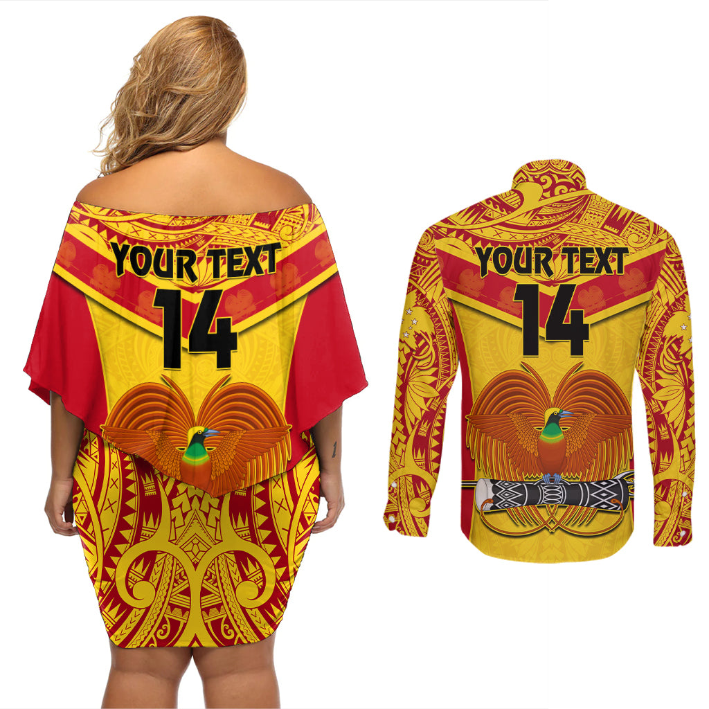 Custom Papua New Guinea Rugby Couples Matching Off Shoulder Short Dress and Long Sleeve Button Shirt 2023 Go Kumuls Pacific Dynamic Style LT14 - Polynesian Pride