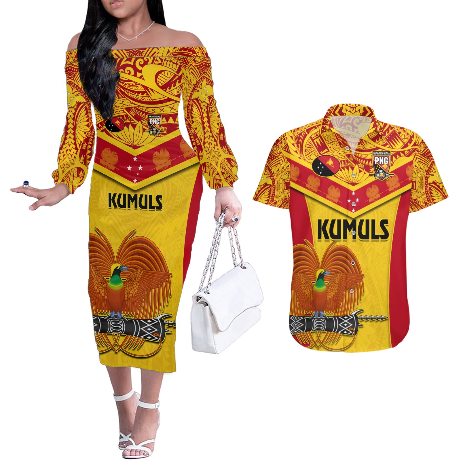 Custom Papua New Guinea Rugby Couples Matching Off The Shoulder Long Sleeve Dress and Hawaiian Shirt 2023 Go Kumuls Pacific Dynamic Style LT14 Yellow - Polynesian Pride